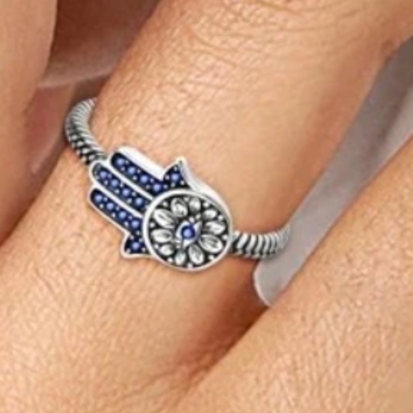 14k White Gold Plated Hamsa Evil Eye Ring - Picture 3 of 3